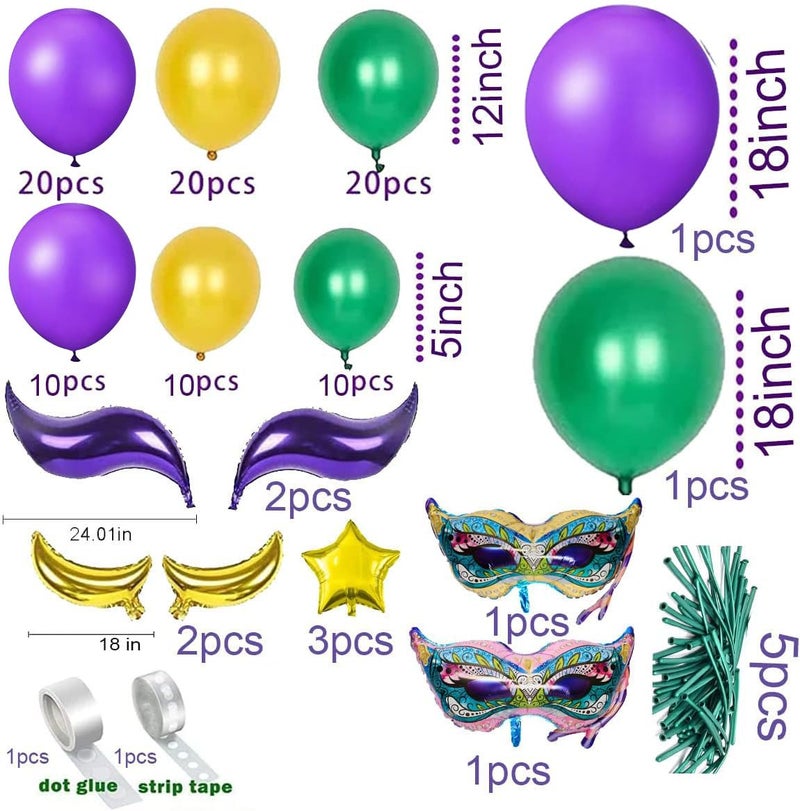 LUCKKYY Mardi Gras Balloon Garland Kit 108 PCS Purple Green Gold Balloons Mask Sign Foil Balloons for Mardi Gras Masquerade New Orleans Party - Image 3